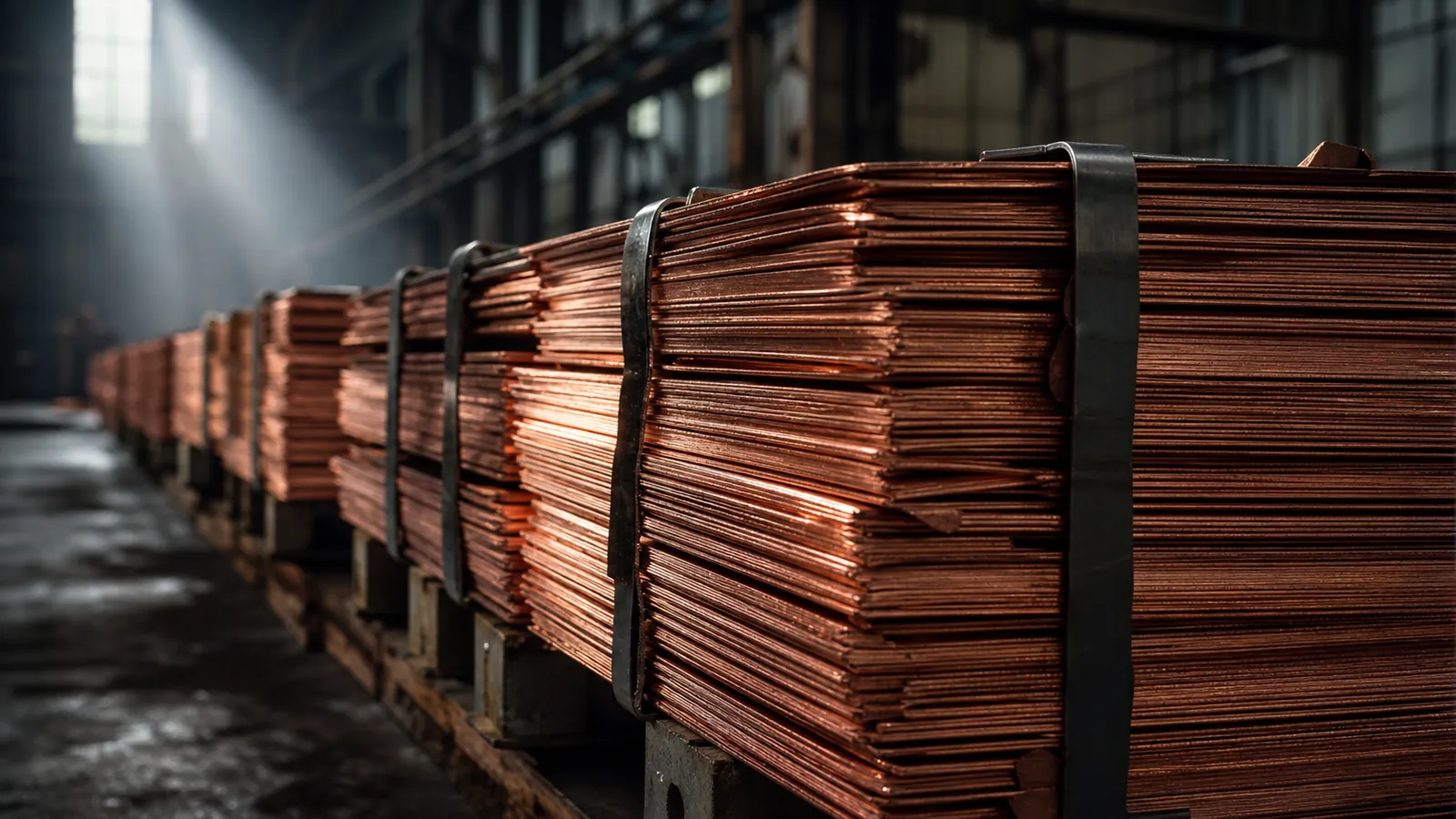 Stacked electrolytic copper cathode sheets in a warehouse