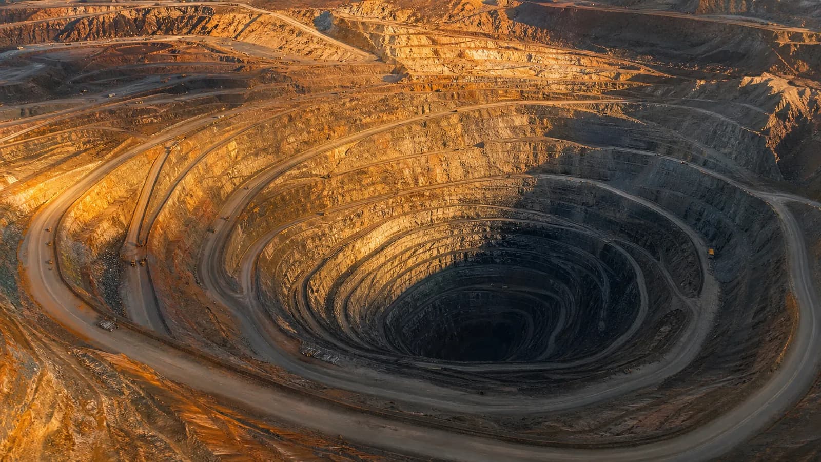 Aerial view of an open-pit copper mine at golden hour